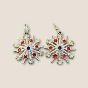 Snowflake Earrings With Blue & Red Rhinestones Silver Tone